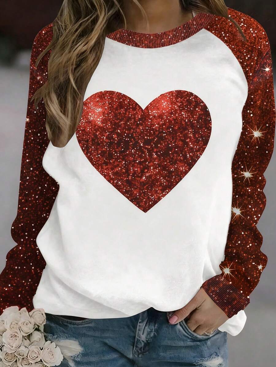 EMERY ROSE 女士卫衣，心形闪亮钻石印花图案，情人节礼物，送给女友和闺蜜的礼物，情侣礼物，圣诞礼物，适合居家穿着，长袖抓绒保暖秋冬针织衫，2026新款女士卫衣，返校季礼物，教师节礼物 - 彩色 - 查看 1