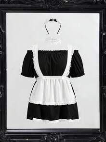 大码女士性感女仆装套装 - 包括连衣裙、围裙、颈链、头饰（4件套）