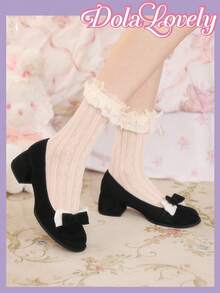 Dola Lovely 女士蝴蝶结甜美温柔圆头粗跟绒面玛丽珍鞋，适合万圣节、圣诞节、感恩节、秋冬季 - 黑色 - 查看 6