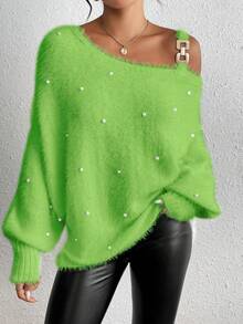 RosyDaze Asymmetric Neckline Faux Pearl Detail Metal Ring Decor Long Sleeve Pullover Sweater - Mint Green - View 5