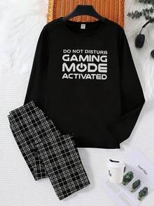 青少年男童休闲字母印花长袖T恤和格子裤宽松舒适睡衣套装 - 彩色 - 查看 3