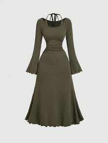 SHEIN MOD 女式优雅纯色喇叭袖收腰长裙，秋季 - 軍綠色 - 查看 1