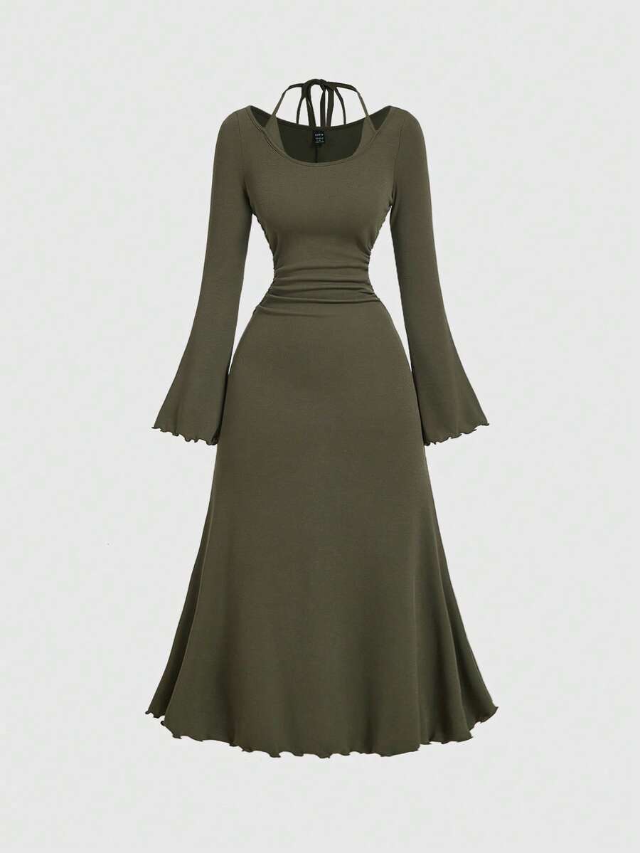 SHEIN MOD 女式优雅纯色喇叭袖收腰长裙，秋季 - 軍綠色 - 查看 1