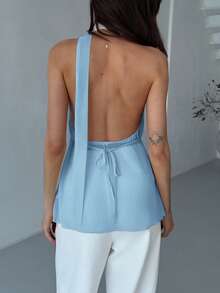 Aloruh Women's Sexy Asymmetric Hem Backless Halter Neck Top, Summer - Baby Blue - View 2
