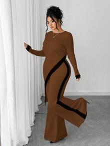 Elenzga Plus Size Women Casual Contrast Binding Asymmetrical Hem Ribbed Knit Sweater And Flare Pants Set, Autumn/Winter - Chocolate Brown - View 1