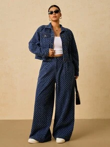 SHEIN PETITE CURVE Áo denim tay dài dáng rộng, đơn hàng cỡ lớn dành cho nữ, màu xanh lam, mùa đông, Giáng sinh, năm mới, lễ tạ ơn, đi làm, kỳ nghỉ, tốt nghiệp, sang trọng, thời trang đường phố, dễ thương, tiệc sân bay, đám cưới, thanh lịch, công sở, áo denim tối màu họa tiết thời trang - Màu xanh lam - Xem 3