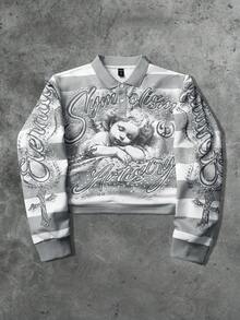 ROMWE MEN Street Life 春季休闲男士半拉链长袖天使条纹时尚印花套头卫衣，Y2K - 彩色 - 查看 5