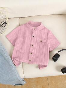 SHEIN Genkimix Kids Young Boy Summer Casual Solid Color Short Sleeve Shirt - Pink - View 3