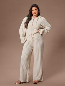 SHEIN Soft Rib Knit Hooded Sweatshirt And Drawstring Pants Casual Loungewear Pajama Set Cozy Lounge Sets - Apricot - View 5