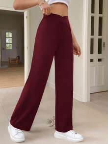SHEIN Frenchy Pantalon droit ajusté avec torsade à la taille, style décontracté élégant pour femmes - Fushia - Voir 4
