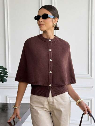 SHEIN Frenchy Women's Solid Color Single-Breasted Casual Knitted Cardigan Poncho, Autumn/Winter, Brown Cardigan, Knitted Cardigan For Women,Shawl Sweater,Shrug Cardigan, Classic For Women, Dark Brown Top, Winter Sweaters For Women, Chocolate Brown Top, Coffee Brown Top, Brown ,Brown Sweater ,Brown Knitted Top,Suitable For All Seasons,Casual Sweater For Women ,Winter For Women,New Year ,New Year Women,French Casual Commuting,Vintage, Minimalist, Suitable For Daily Wear, , French Style , European Style ,Christmas Sweater