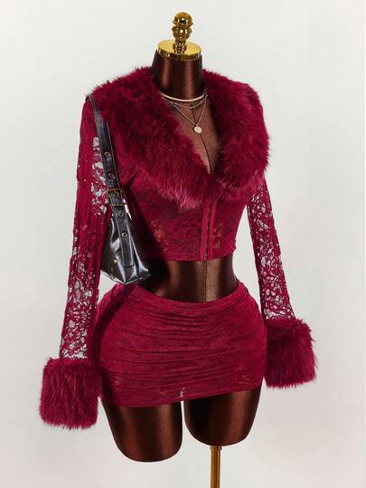  Y2K Amplova Women's Lace & Faux Fu2 Piecesce Set, Sexy & Avant-Garde Ultra-Low Waist Mini Skirt With Ruched Sides, Faux Fur Cuffs, Fitted With Button Closure, Suitable For Dates Red Two Piece Outfit Women Red Club Outfit Red 2 Piece Set Lace 2 Piece Set Christmas Outfit For Women New Year Dress