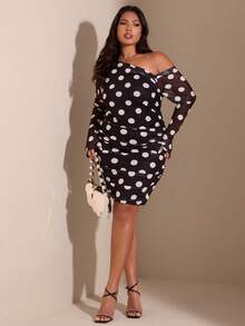 SHEIN BAE Plus Size Ruched Polka Dot Asymmetric Shoulder Long Sleeve Bodycon Dress,Winter Outfit For Women,Dress  For Ladies Summer,New Year's Eve Dress,Elegant Dresses For Party,Casual Dresses For Women,Women's Social Dress,Formal Dress,Plus Size,Litz And Glamour Outfit For Women,Wedding Guest Dress Women,Cocktail Dress,Dresses For Ladies Summer,Birthday Party Dress,Black  Dress - Black - View 7