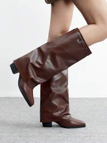 CUCCOO BIZCHIC 女士咖啡色方头粗跟高筒靴，简约通勤风过膝靴 - 棕色 - 查看 3