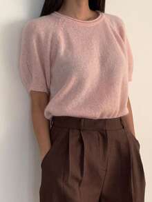 DAZY Loose Fit Short Puff Sleeve Lightweight Soft Knit Sweater For Women - Pink - View 10