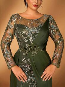 Serin Váy cưới cho mẹ cô dâu dáng dài cổ chữ V màu xanh lá cây sang trọng, thanh lịch, tay dài, chất liệu satin, chắp vá, xếp nếp, trang trí bên hông, dáng xòe bồng bềnh - màu xanh lá - Xem 5