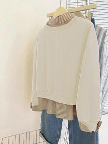 SHEIN 大码女式条纹拼接长袖休闲宽松运动衫 - 杏色 - 查看 2