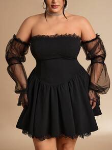 SHEIN BAE 大码女士优雅蕾丝浪漫迷你连衣裙，蕾丝拼接短款连衣裙，适合情人节、约会之夜、夜生活、法式风情、晚礼服、生日派对、伴娘礼服、简约优雅日常连衣裙、婚纱、正式场合连衣裙、性感沙滩装、夏季女装、度假装、网纱迷你连衣裙 - 黑色 - 查看 7