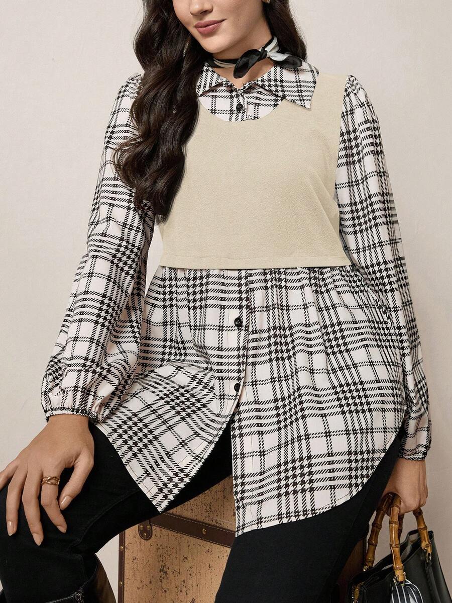 SHEIN LUNE Vêtements pour femmes grande taille, Top décontracté à manches longues à carreaux avec effet superposé, tenue décontractée pour femme, idéal pour les vacances - Beige - Voir 1