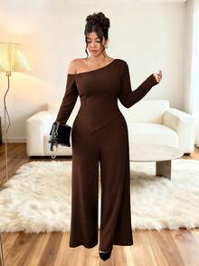 Elenzga Plus Size Casual Asymmetric Top And Pants 2 Pieces Set, Autumn