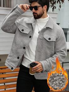 Manfinity Homme 男士休闲单排扣泰迪羊毛混纺夹克，秋冬 - 灰色 - 查看 1