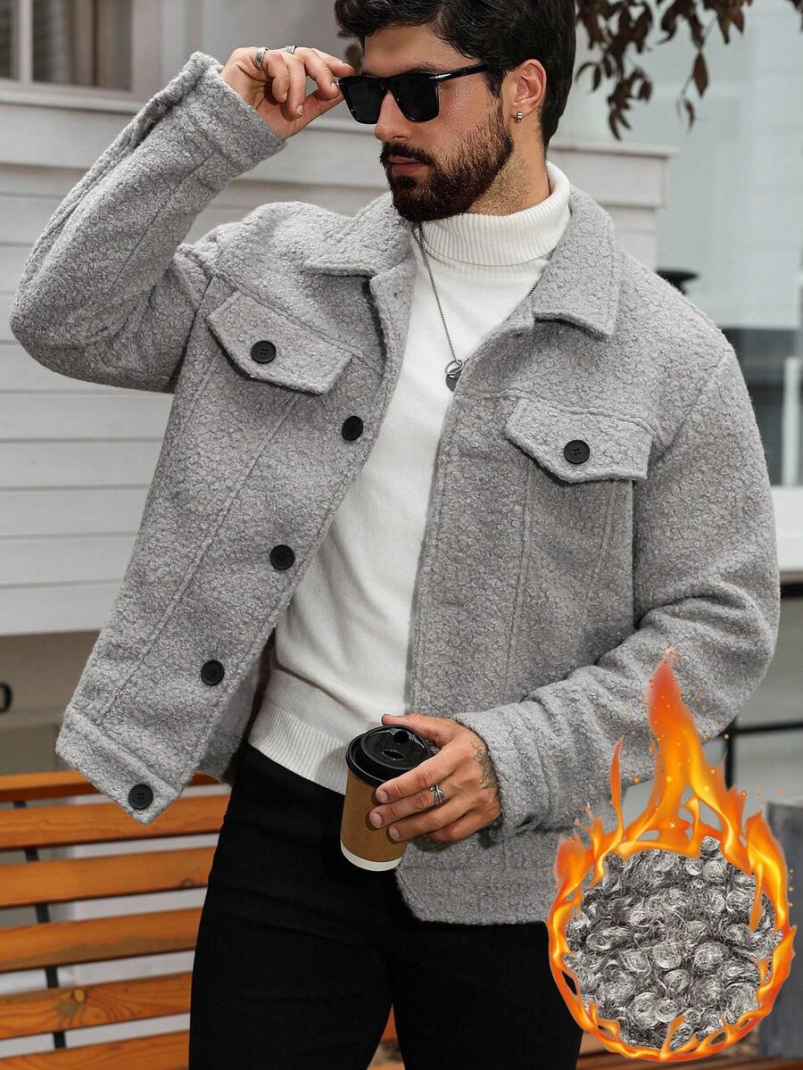 Manfinity Homme 男士休闲单排扣泰迪羊毛混纺夹克，秋冬 - 灰色 - 查看 1