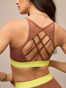 Activina Women's Contrast Color Sleeveless Criss-Cross Back Comfortable Breathable Spaghetti Strap Sports Bra - Brown - View 1