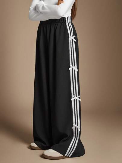 Radiana Tween Girls Ribbon Bowknot Wide Leg Loose Casual Pants, Black, Versatile & Fashionable For Daily Wear Fall Winter