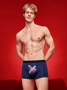 Calzoncillos tipo bóxer cómodos con diseño de berenjena navideña de color contrastante, regalos navideños divertidos para hombres - Azul Marino - Ver 5