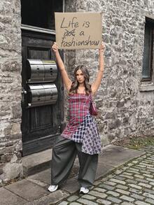 SHEIN Unity Vintage Plaid Patchwork Asymmetrical Hem Mini Dress For Women, Suitable For Dates,Summer Dresses For Women - Multicolor - View 7