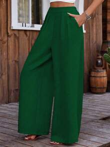 LanaWest 女士休闲纯色翻折褶裥斜插口袋阔腿裤 - 綠色 - 查看 3