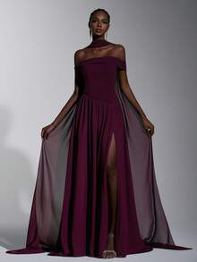 Elitara Elegant, Romantic, Fashionable Chestnut Color Elastic Fabric Shawl Flounce, Chiffon Patchwork Skirt, Big A-Line Silhouette, Front Slit, Small Train, Suitable For Wedding Guest, Holiday, Birthday Party, Wedding Ceremony, Bridesmaid Dress, Formal Evening Gown - Maroon - View 7