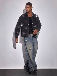 ROMWE MEN Men's American Street Style Star Rhinestone Denim Jacket - Black - View 4