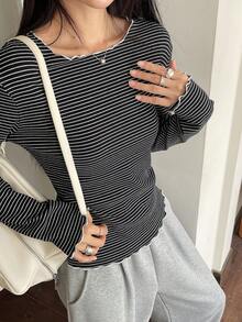 DAZY Damen gestreiftes figurbetontes Lässig Langarm T-Shirt