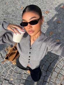 Muchica Damski, jednolity kolor, minimalistyczny, długi rękaw, szary, dzianinowy kardigan, do noszenia na co dzień - Szary - Zobacz 5