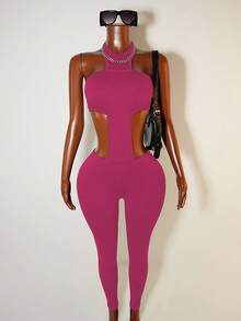 Mistrie Solid Color Halter Sleeveless Hollow Out Fashionable Fitted Jumpsuit - Hot Pink - View 3