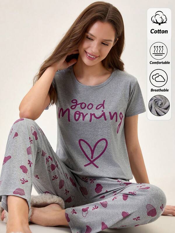 Loomlin 100% Cotton 2Pcs Contrast Colour Heart Printed Short Sleeve PJ Set 100% Cotton 2Pcs Contrast Colour Heart Printed Short Sleeve PJ Set