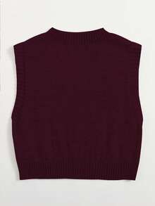 Elamini Solid Color Crew Neck Ribbed Knit Casual Sweater Vest - Red Violet - View 2