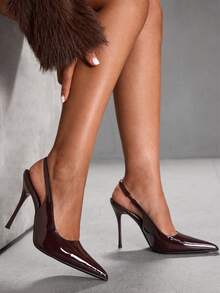 CUCCOO SZL Giày cao gót hở lưng mũi nhọn màu trơn tối giản cho nữ - Màu Đỏ Sâu - Xem 6