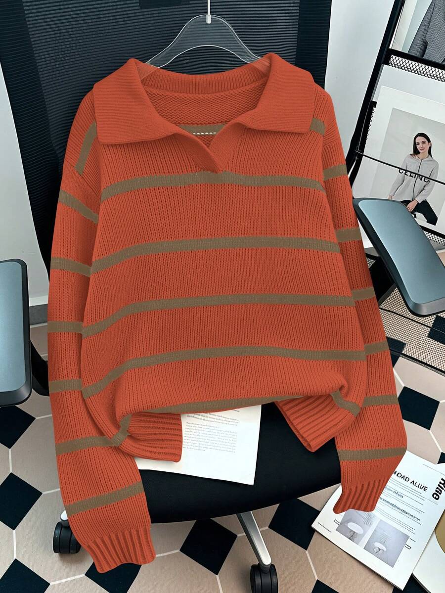 Lyxana Sweater Longgar Kasual Bergaris untuk Wanita, Musim Gugur/Dingin - Orange Ignite - View 1