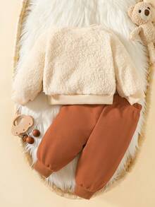 2pcs Newborn Baby Autumn/Winter Outfit, Cute Plush Bear Design Baby Clothes Set - Apricot - View 3