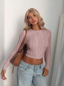 Aloruh Femmes Vintage Tricot Épais Col Rond Ajusté Manches Longues Pull, Base Minimaliste Couleur Abricot pour l'Automne/Hiver - Rose bonbon - Voir 6