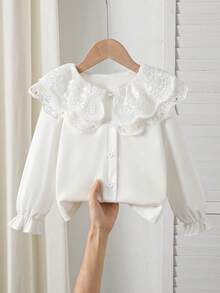 SHEIN Playful Pals Girls Elegant Embroidered Ruffle Collar Princess Long Sleeve Button-Front Casual Fashion Princess Shirt, Suitable For School, Vacation, Travel, Birthday Party, Gift, Spring/Autumn - White - View 1