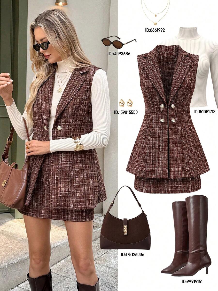 Serisse 女士无袖翻领时尚优雅上衣外套和迷你裙两件套 - 棕色 - 查看 1