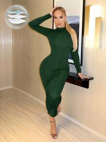 VaVaBold Stand Collar Solid Color Fitted Dress Maxi Women Outfit - Army Green - View 1