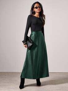 COSMINA 女士优雅高贵PU皮长裙，适合工作通勤、秋冬季穿着 - 墨綠色 - 查看 3