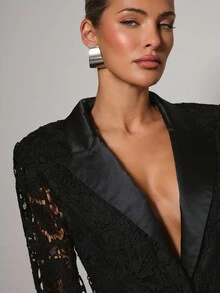 COSMINA 女士深 V 优雅蕾丝套装，简约而有型，秋冬 - 黑色 - 查看 8