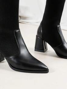 Botines de mujer estilo calcetín punta fina sin cordones tacón grueso moda urbana otoño invierno botas negras - Negro - Ver 5