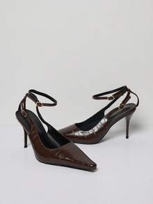 MUSERA Sepatu Hak Tinggi Bertali dengan Gesper Emas Warna Burgundy untuk Natal - Coklat - View 3