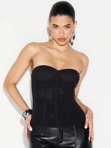 KIZN 无肩带长款束身胸衣，心形领口，后背拉链设计，适合晚宴场合 - 黑色 - 查看 5